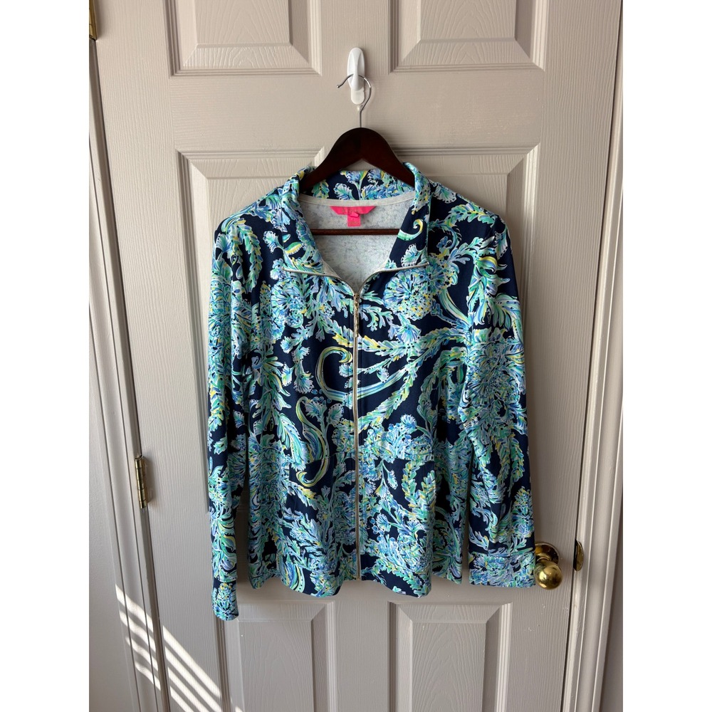 Lilly Pulitzer Full Zip Jacket Women Large Blue Paisley Floral Preppy Active